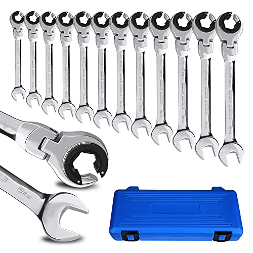LOSCHEN Metric Open Flex-Head Ratcheting Wrench Combination 12 Pcs/set 8-19mm, Metric Spanner with 72 Teeth, Chrome Vanadium Steel Tubing Ratchet （US and European Patents） - size: 8-19mm