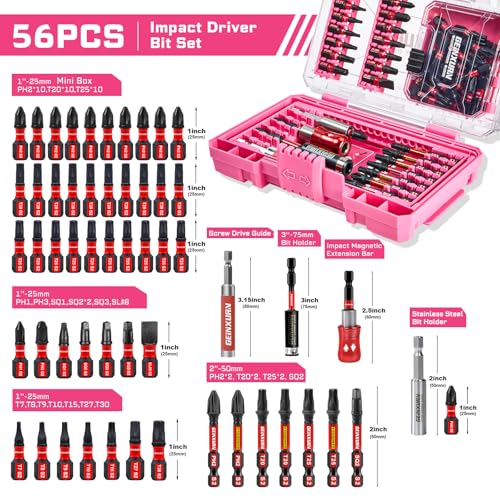 Geinxurn 56Pieces Impact Screwdriver Bits Set, Magnetic S2 Steel Phillips/Slotted/Square/Torx Insert Power Bits Tips, Impact Bit Holder with Pink Storage Box Case - style: STKB056B-PK