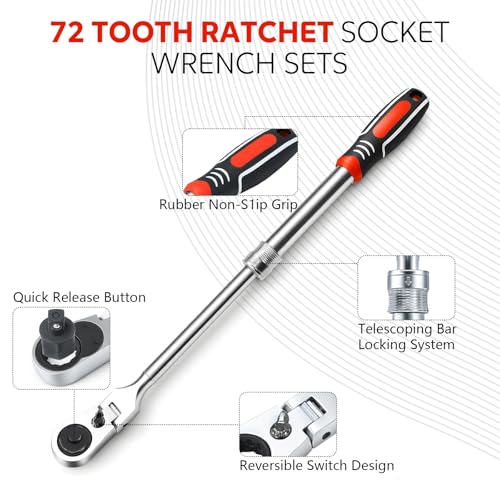 Extendable Ratchet Wrench Set, 72-Tooth Long Socket Wrench Ratchet with 1/4" 3/8" 1/2" Socket Drive Adapat, 180° Flex-Head Ratcheting Set with Soft Grip Handle for Men Mechanic Hand Tools