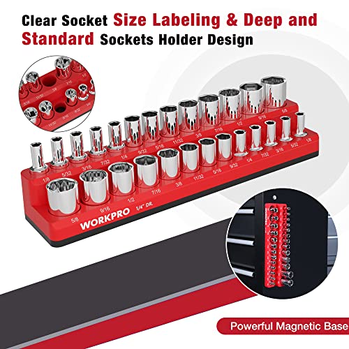 WORKPRO Magnetic Socket Organizer, 1/4-Inch SAE Socket Holder | Hold 26-Piece Sockets, Suitable for Standard and Deep Sockets, Magnetic Base, No Scratches Installation, Socket Not Included - size: 1/4" DR - SAE