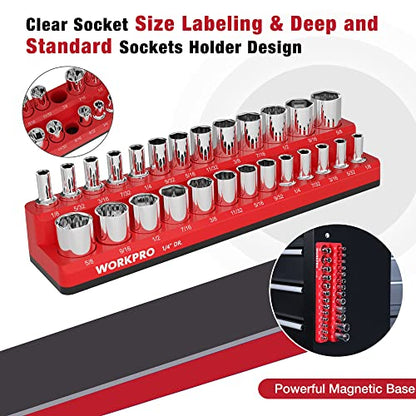 WORKPRO Magnetic Socket Organizer, 1/4-Inch SAE Socket Holder | Hold 26-Piece Sockets, Suitable for Standard and Deep Sockets, Magnetic Base, No Scratches Installation, Socket Not Included - size: 1/4" DR - SAE