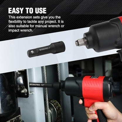 WORKPRO 3/8" Drive Impact Extension Bar Set, Socket Extensions | 3 PCS Socket Extensions, 3”, 5” and 10” Length, Premium Chrome Vanadium Steel with Black Phosphate Finish - style: 3/8" DR