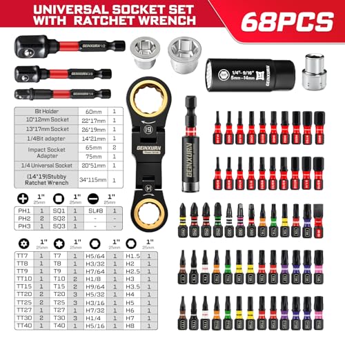 GEINXURN 68PCS Stubby Wrenches Bit Set, 72-Tooth Flex-Head Double Box End Mini Ratcheting Wrench Set Metric (10-19mm) with Screwdriver Bits, 1/4" Universal Socket for Computer, Auto & Bicycle Repair