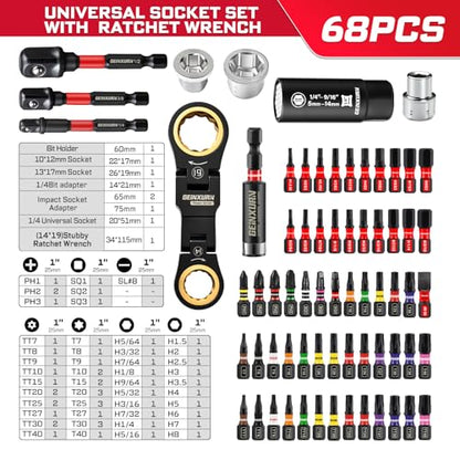 GEINXURN 68PCS Stubby Wrenches Bit Set, 72-Tooth Flex-Head Double Box End Mini Ratcheting Wrench Set Metric (10-19mm) with Screwdriver Bits, 1/4" Universal Socket for Computer, Auto & Bicycle Repair
