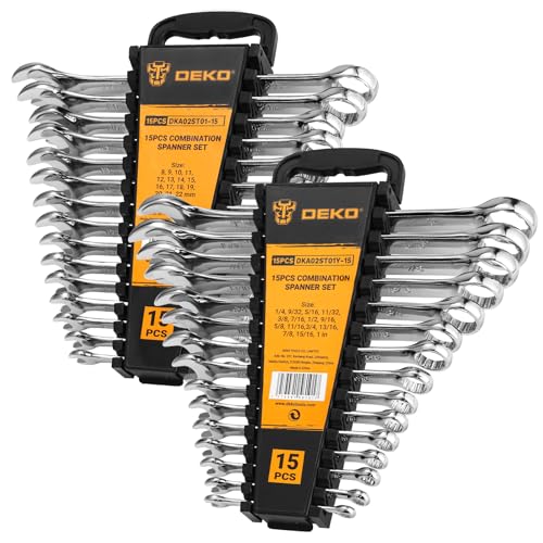 DEKOPRO Combination Wrench Set, SAE&Metric, 30-piece, 1/4'' to 1'' & 8-22mm, 12-Point, Chrome Vanadium Steel, with Plastic Tray - size: 30-Piece (15 SAE: 1/4-1 in, 15 Metric: 8-22 mm)