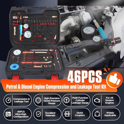 Compression Tester Automotive 46Pcs Petrol & Diesel Compression Tester Kit for HDI/TDCi/Pumpe Duse Engine Cylinder Leak Down Tester Kit with Compression Gauge,Dual-Meter Leak Detector, Adapters