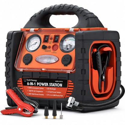 2200 Amp Car Jump Starter with Air Compressor,Portable Power Station with 260 PSI Tire Inflator,400W Power Inverter Dual AC/DC Ports,2.1A USB Port,Battery Clamps