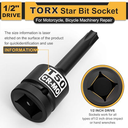 1/2" Drive T50 Torx Bit Socket, Star Bit Socket, CR-MO Steel, Motorcycle, Bicycle Machinery Repair - size: 1/2" T50 Deep