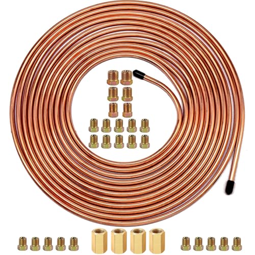 SHOOSHINE 3/16 Inch Brake Line Flaring Tools kit Include 25Ft/7.62m Copper-Plated Brake Pipe with 3/16 Brake Line Fittings (25Ft Brake Line+28Fittings) - style: 25Ft Brake Line+28Fittings