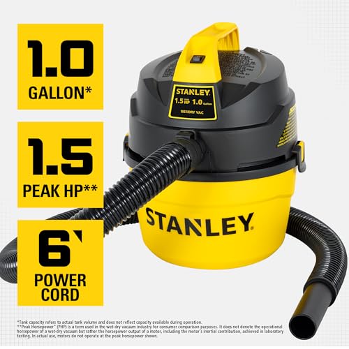 STANLEY Shop Vacuum Wet and Dry, 1 Gallon 1.5 Peak HP Small Wet Dry Vac with 60CFM Powerful Suction, Portable Wall Mount Vacuum Cleaners for Home, Car, Garage and DIY Workshop, SL18101P-1H - size: 1 Gallon, 1.5 HP, 52" Sealed Pressure