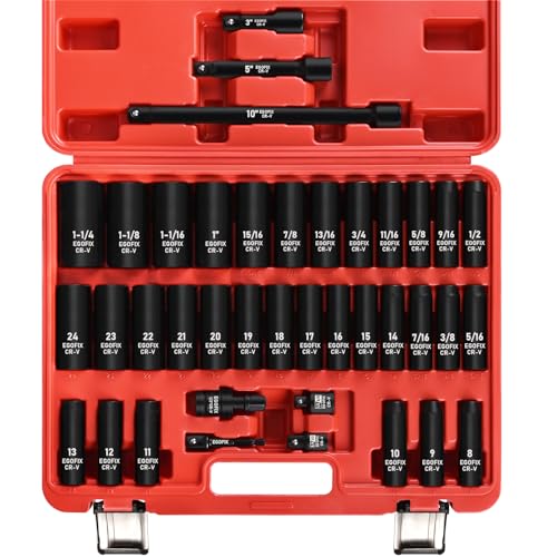 1/2” Drive Impact Deep Socket Set, 39 Pieces Metric(8-24mm)/SAE(5/16 to 1-1/4), CR-V Steel Tool Set with 3”, 5”, 10” Extension Bar, Adapters - style: 1/2-39PCS