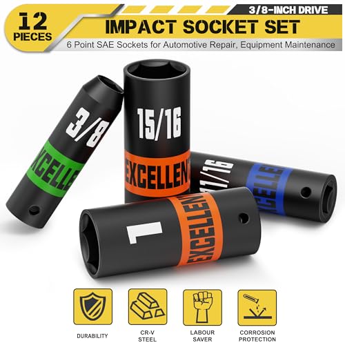 12 Pieces 3/8-Inch Drive Impact Socket Set, 5/16" to 1" Deep Socket, 6 Point SAE Sockets for Automotive Repair, Equipment Maintenance - size: 3/8 Inch SAE Deep