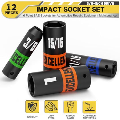 12 Pieces 3/8-Inch Drive Impact Socket Set, 5/16" to 1" Deep Socket, 6 Point SAE Sockets for Automotive Repair, Equipment Maintenance - size: 3/8 Inch SAE Deep