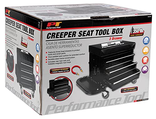Performance Tool W85025 3-Drawer Rolling Tool Chest Seat With Magnetic Side Trays, Black