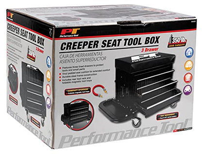 Performance Tool W85025 3-Drawer Rolling Tool Chest Seat With Magnetic Side Trays, Black