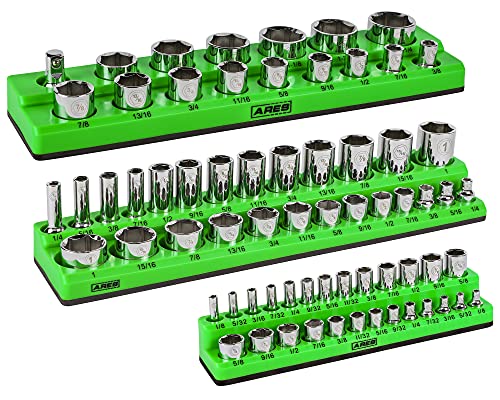 ARES 60037-3-Piece SAE Magnetic Socket Organizers Set - GREEN - Includes 1/4 in, 3/8 in, 1/2 in Socket Holders - Holds 68 Standard (Shallow) and Deep Sockets - Also Available in RED - color: Green (Sae), size: 1/4, 3/8, 1/2-Inch Drive - 3-Piece Set