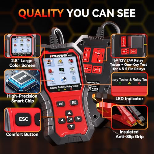 KONNWEI KW371 Battery Tester & Relay Tester | Tests 6V/12V/24V car batteries (AGM/GEL/EFB/Lithium) & 4/5-pin automotive relays. Checks CCA, charging & starting system. - size: 8.27*6*2.36 inch