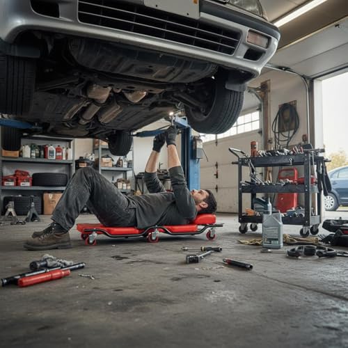 BESTOOL Mechanic's Creeper, 44inch Garage Creeper, 6 Sturdy Casters, Metal Frame Floor Creeper, 450LBS Capacity, Low Profile Design, Headrest,Red - color: Red-Metal frame, size: 44in