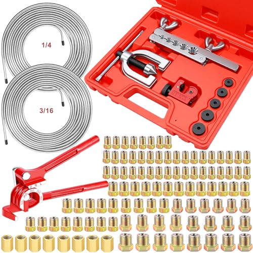 smseace 3/16 Inch+1/4 Inch Brake Line Flaring Tool Kit Include 25 FT Zinc-Plated Brake Line Kit with 94pcs Fittings,8pcs Union,Tubing Bender,Double & Single Flare Tool,Cutter - color: Silver-B, size: 3/16inch+1/4inch