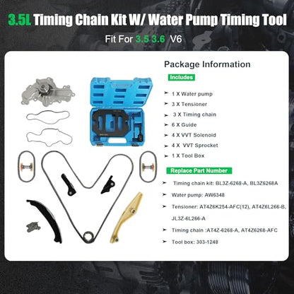 Timing Chain Kit w/Water Pump Timing Tool Fit for Ford Lincoln 2011-2019 | for Ford Edge Explorer Flex Taurus Police Interceptor, for Lincoln MKS MKX MKZ 3.5L 3.7L Replce# AW6348 303-1248