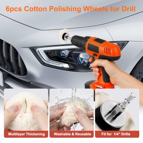 Linkstyle 9PCS Polishing Wheel Kit for Drill, Cotton Buffing Wheel Set, Sponge Polishing Ball & Cone, with 1/4 Inch Hex Extension Rod, for Auto Car Detailing Aluminum Stainless Steel Chrome Surface