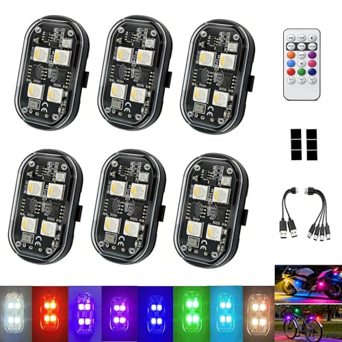 Upgraded 6PCS 4Leds RGB Wireless Led Lights for Car with Remote, 8-Color High Brightness Strobe Lights Type-C Rechargeable Anti-Collision Warning Light for Car, Motorcycle, Bike, Drone - size: 6