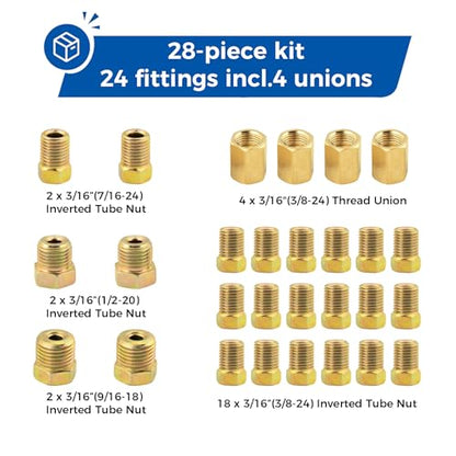 25ft 3/16" Brake Line Kit with Flaring & Bending Tool, Zinc-Coated Steel | 24 Fittings + 4 Unions, rust-proof steel tubing, universal design for brake system replacement - size: 3/16, 1 Kit