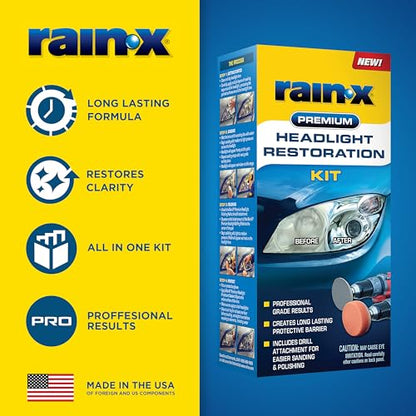 Rain-X 610153 Headlight Restoration Kit - Car Light Lens Cleaner/Restorer with Sanding & Polishing Drill Attachments & Sealant Wipe, Removes Scratches & Oxidation- All in 1 Long Lasting Formula - style: Headlight Restoration Kit - Drill Required