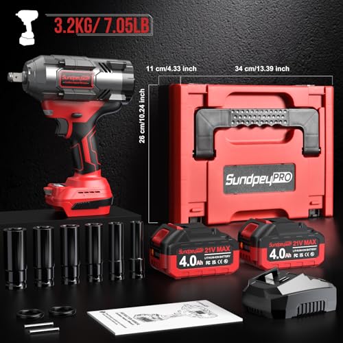 Cordless Impact Wrench 1/2" 21V High Torque Brushless Power Impact Gun 1107Ft-lbs (1500Nm) with 2x4.0Ah Batteries & 6 Sockets & Fast Charger & Case for Car & Truck & RV & Heavy Duty Use