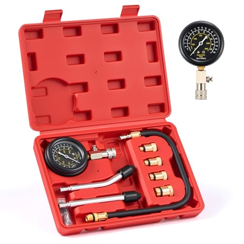 OMT 8pc Petrol Engine Cylinder Pressure Test Kit with 300 PSI Dual Gauge | Strong Metal Adapters; Anti Scratch Glass Cover; Flexible Hose; Auto Mechanic Diagnostics; Fits Cars Trucks And Motorcycles