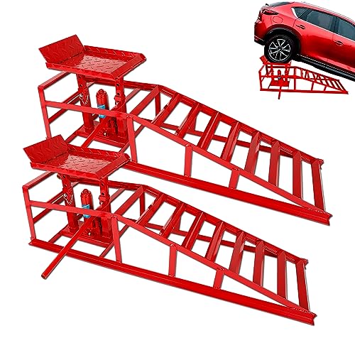2-Pack 5 Ton Low Profile Hydraulic Car Ramps with Built-in Jack, Adjustable Vehicle Lift Service Ramps, 9.8" to 15" Height Range, Heavy Duty Steel Ramps for Oil Changes, SUVs & Light Trucks - color: Red