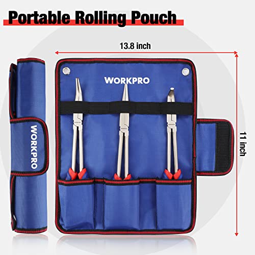WORKPRO 3PC Long Reach Pliers Set, 11'' Straight, 90° & 45° Bent Nose Plier | Extra Long Needle Nose Plier Set For Narrow Spaces
