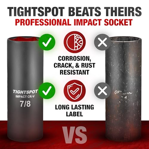 TIGHTSPOT 1/2" Dr 7/8 Inch Deep Socket, Anti-Round 6-Pt, CRV Steel - size: 1/2” Drive 7/8” Deep Impact Socket - 6pt, style: 1/2" Drive Deep Socket