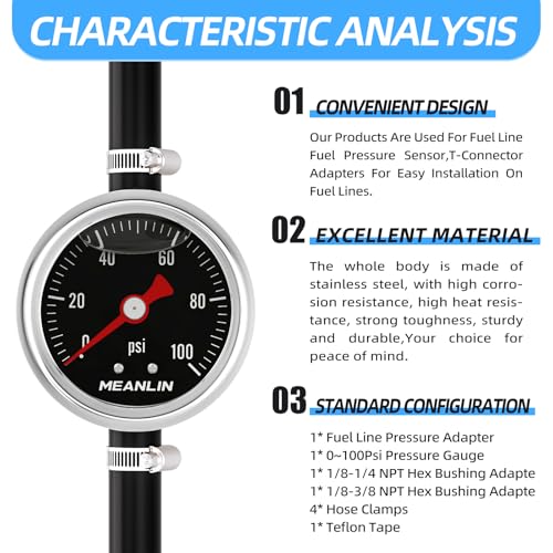 MEANLIN MEASURE 0-100Psi Stainless Steel Glycerin Filled Pressure Gauge 1/8" NPT 1.5" Black Dial, with 3/8" Barb Pressure Adapter Liquid Filled Pressure Gauge (9Pieces Kit, Back Mount) - size: 0-100Psi (Black Dial)