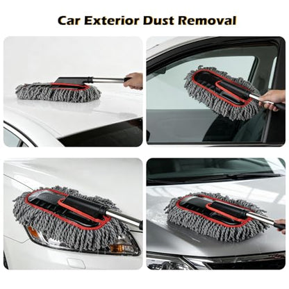 Car Duster Exterior Scratch Free,Microfiber Car Duster with Extendable Handle, with 3PCS Detailing Brush, Exterior Interior Multipurpose for SUV,Truck,RV