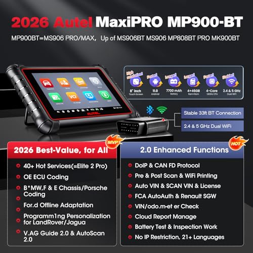 Autel Scanner MaxiPRO MP900-BT w/ MV108S: 2026 MP900BT V2.0 ECU C0ding as MS906 PRO MS906MAX, Up of MP900 MS906BT MP808BT PRO MK900BT, 40+ Service, DoIP&CAN FD, 3K+ Bidirectional Diagnostic Scan Tool