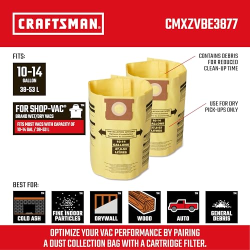 CRAFTSMAN CMXZVBE3877 10-14 Gal. Wet Dry Shop Vacuum Dust Collection Bags | For Fine Dust, Fits Most 10 to 14 Gallon Shop Vacuums, Collects Dry Fine Debris, Reduces Cleanup Time, 2-Pack - style: 10-14 Gallon Fine Dust