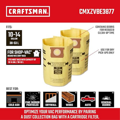 CRAFTSMAN CMXZVBE3877 10-14 Gal. Wet Dry Shop Vacuum Dust Collection Bags | For Fine Dust, Fits Most 10 to 14 Gallon Shop Vacuums, Collects Dry Fine Debris, Reduces Cleanup Time, 2-Pack - style: 10-14 Gallon Fine Dust