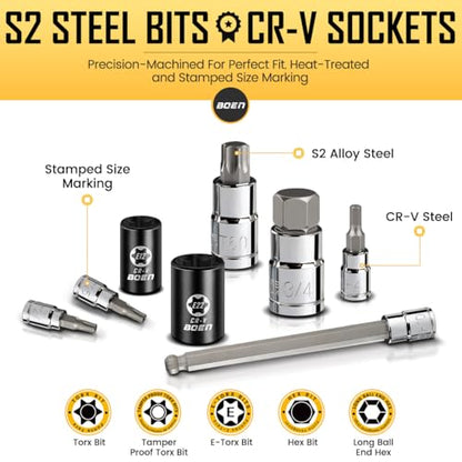 BOEN 84-Piece Master SAE/Metric Allen and Torx Bit Socket Set | 1/4″, 3/8″, 1/2″ Drive | Includes Ball End Hex & E-Torx Sockets | S2 & CR-V Steel