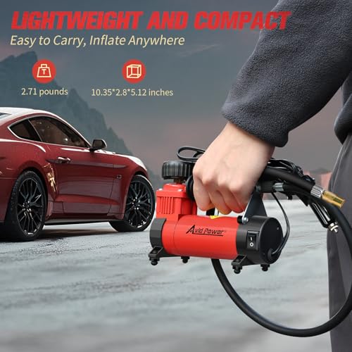 AVID POWER 12V DC Tire Inflator Portable Air Compressor, Compact Air Pump w/Copper Motor, Easy Operation 12V Tire Pump w/Carrying Case & 3 Adapters (Red)