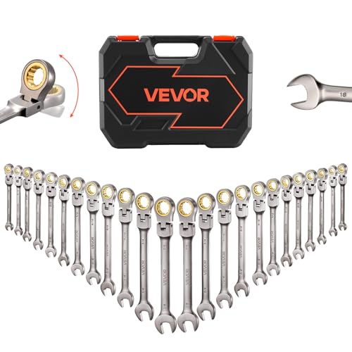 VEVOR 24-piece Ratcheting Wrench Set with 180° Flex Head, Anti-Slip Tooth, Combination Wrench Sets with Organizer Box, Metric 8-19mm & SAE 1/4-3/4", Nickel Plating - color: Nickel Plating 24pcs, size: Metric&SAE