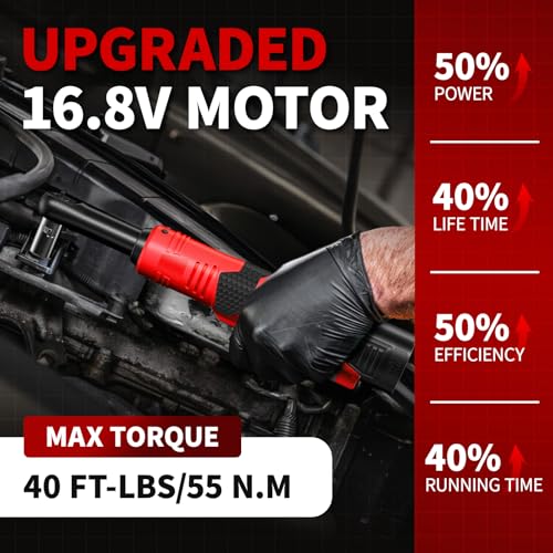 FULLYEA Cordless Electric Ratchet Wrench Set, 40 Ft-lbs, 550 RPM Power Ratchet,16.8V electric ratchet 3/8" drive with Variable Speed, 1/4" Adapter, LED Light, 2 * 2.0Ah Batteries and Fast Charger