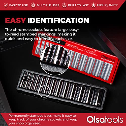 Olsa Tools SAE Deep Socket Set - 3/8-Inch Drive, 13pc - 6-Point Chrome Sockets from 1/4" to 1" and No Skipped Sizes - Mechanic Deep SAE Socket Set - Professional Grade Long Sockets - Part: 1332 - color: Sae Deep, size: 13pc, 3/8-Inch Drive