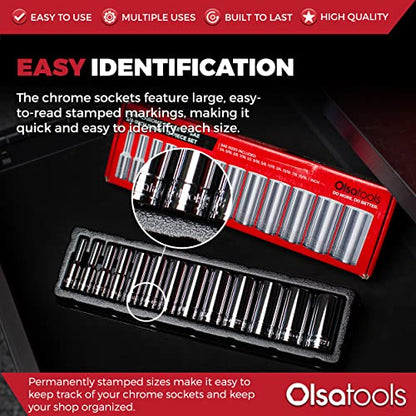 Olsa Tools SAE Deep Socket Set - 3/8-Inch Drive, 13pc - 6-Point Chrome Sockets from 1/4" to 1" and No Skipped Sizes - Mechanic Deep SAE Socket Set - Professional Grade Long Sockets - Part: 1332 - color: Sae Deep, size: 13pc, 3/8-Inch Drive