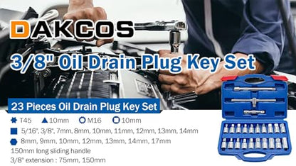 DAKCOS 23 Pcs Oil Drain Plug Key Set, 3/8” Drive Oil Service Socket Set with Extension Bar and Storage Box, CR-V - size: 3/8" | 23 PC