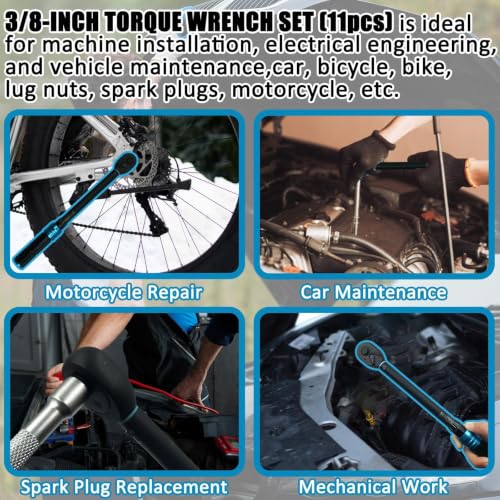 3/8 Inch Drive Click Torque Wrench Set, 11PCS Professional Torque Wrench Kit (5-60N.m), Auto Repair Tool with Spark Plug Sockets, Adapters & Extension Bar for Car, Motorcycle Maintenance