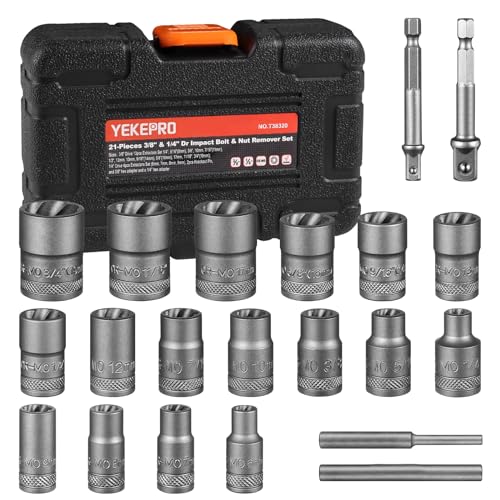 21PCS Bolt Extractor Set, 3/8" & 1/4" Drive Nut Remover | Impact Stripped Bolt Extractor, Easy Twist Socket, for Removing Stripped, Damaged, Rusted, Rounded-Off Bolts & Nuts - size: 3/8''&1/4'', 21pcs
