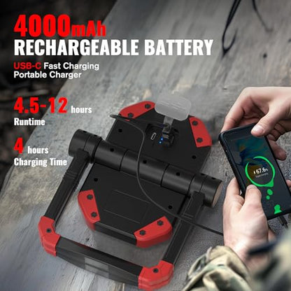 Adelante Rechargeable Work Lights 2 Pack, 2500LM, Magnetic Base, 360° Stand | 6500K, 5 modes, 4000mAh battery, up to 12 hr runtime, 4-hr USB-C charge, USB-A output, IPX4 water resistance for repairs