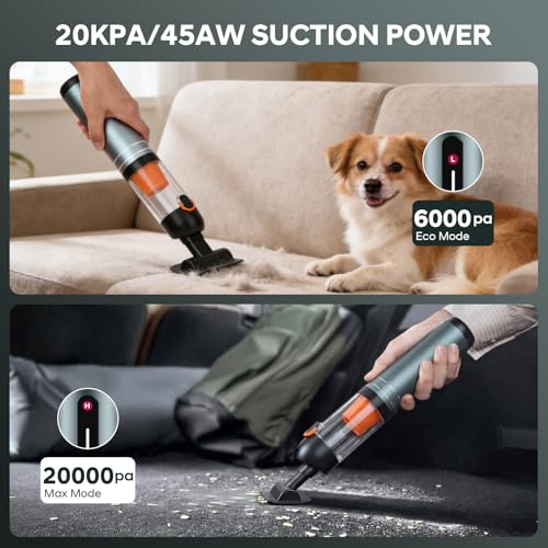 7-in-1 Aluminum Alloy Wireless Car Vacuum Cleaner, 20kPa Strong Suction Handheld Vacuum, Portable with Smart Digital Display, 2 Suction Modes for Car, Desk, Keyboard and Small Spaces（Cyan）