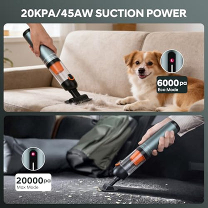 7-in-1 Aluminum Alloy Wireless Car Vacuum Cleaner, 20kPa Strong Suction Handheld Vacuum, Portable with Smart Digital Display, 2 Suction Modes for Car, Desk, Keyboard and Small Spaces（Cyan）